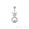 GEM PAVED BUTTERFLY 316L SURGICAL STEEL CZ CENTERED LOOP DANGLE NAVEL RING